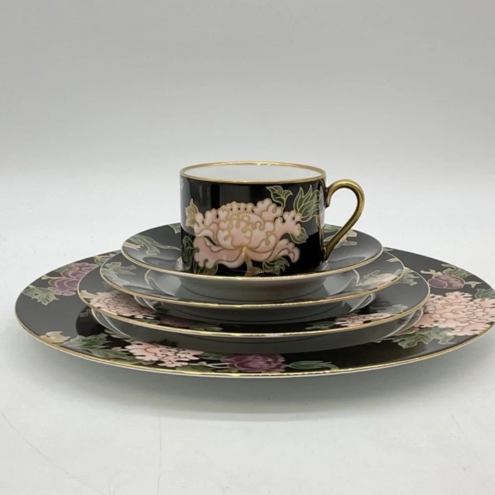 Fitz & Floyd Fine Porcelain 'Cloisonne Peony' Black (1984-1996) 5-Piece Set